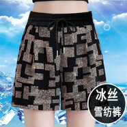 未萱中年婦女外穿短褲夏季薄款女式冰絲雪紡運動(dòng)休閑五分格子短褲 黑 咖啡迷宮格[短褲]冰絲 [建議85-120斤] 均碼