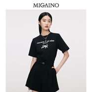 曼婭奴（MIGAINO）短袖T恤女2025夏季新款別致印花修身顯瘦黑色上衣 黑色 L 165/88A