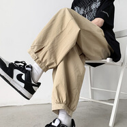 OEMG 工裝褲男春秋夏季九分褲男寬松直筒日系潮牌休閑百搭束腳褲子男 卡其色常規 2XL