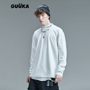 古由卡（GUUKA）潮牌半高領(lǐng)繡花長袖t恤男士秋季新款嘻哈運(yùn)動(dòng)打底衫簡約寬松衣服 白色 T7933 S