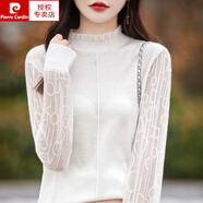 皮爾卡丹（pierre cardin）2024款秋冬薄款精紡100%羊毛衫半高領(lǐng)針織衫歐根紗打底衫鏤空 白色 S