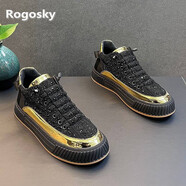 Rogosky香港潮牌潮牌男鞋厚底水鉆休閑板鞋2023新款夜店小伙套腳樂(lè)福鞋男 黑金色 38（皮鞋碼，偏大）