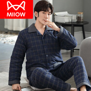 貓人（MiiOW）品牌睡衣男士秋冬款純棉三層夾棉加厚加絨套裝保暖中年家居服超厚 LH9824 XL 男（140-160斤）