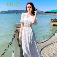 ETLK2025春夏裝新款蕾絲鏤空連衣裙白色甜美法式泡泡袖度假長裙沙灘裙 白色 短/袖 M 100-108斤