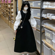小個子連衣裙女秋冬學(xué)院風(fēng)連衣裙小清新女神學(xué)院風(fēng)中長款背帶連衣裙子女學(xué)生+韓版寬松長袖襯衫上衣單裝 背帶裙+泡泡袖襯衣 【套裝】 M