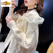 初徑新年紅色娃娃領(lǐng)毛衣外套女寬松韓版慵懶風(fēng)秋冬2022年新款針織開(kāi)衫 白色 S 85-95