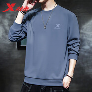 特步（XTEP） 衛衣男裝套頭t恤衫秋季休閑運動(dòng)服飾男士保暖打底寬松大碼跑步服 灰蘭-logo基礎圓領(lǐng)-不加絨 L /175 -現貨速發(fā)
