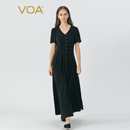 VOA條紋黑41姆米重磅桑蠶絲V領(lǐng)釘珠裝飾短袖真絲連衣裙 AE1717 條紋黑（B16） L