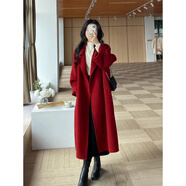 皮爾卡丹（pierre cardin）西西里紅色雙面羊毛大衣女中長款2024秋冬新款寬松感毛呢外套 紅色 S 建議106-120斤