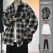 摘星少年衣服男小香風(fēng)夾克男痞帥男裝一套裝黑白方格毛呢外套高級感輕奢 常青樹(shù)924黑色+白長(cháng)袖+黑西褲 L
