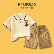 FNJ KIDS童裝男童套裝夏季新款洋氣寶寶衣服兒童帥氣polo衫兩件套 小熊套裝米色 140 cm(建議身高130-140cm)