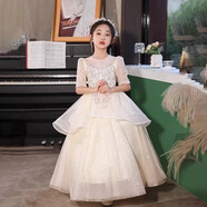 小咔衣濃（Xiaokayinong）兒童禮服公主裙長袖花童婚禮蓬蓬紗女童主持人鋼琴演奏演出服夏季 香檳色D947中袖長款 170