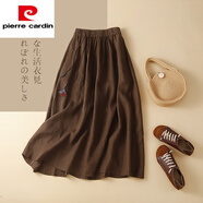 皮爾卡丹（pierre cardin）文藝復(fù)古高腰系帶棉麻半身裙女夏季寬松百搭顯瘦A字大擺亞麻長(zhǎng)裙 咖啡色 L【115-130斤】