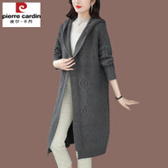 皮爾卡丹（pierre cardin）春秋裝新款中長(zhǎng)款連帽毛衣外套女羊絨衣外搭粗線羊毛針織開衫碼大 灰色 L