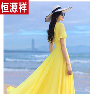 恒源祥2025五分袖大擺純色V領(lǐng)中長款雪紡連衣裙過膝度假沙灘裙大c碼長裙 黃色 S 建議【80-90斤】
