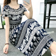 夏民族風(fēng)棉綢碎花連衣裙海邊度假人棉仙女裙大碼印花綿綢短袖長(cháng)裙 蝙蝠袖椰樹(shù)象 XL 110-120