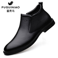 富貴鳥(niǎo)高幫商務(wù)正裝男鞋真皮皮靴秋冬季東北保暖加絨棉鞋男中幫羊毛牛皮 兄弟黑色單鞋F(xiàn)G6576 39