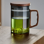 綠昌明茶杯玻璃茶杯茶水分離帶過濾內(nèi)膽茶具耐熱帶把水杯辦公家用泡茶杯 木蓋 煙灰蘭香杯 480ml