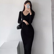 宜惜綺 針織連衣裙女中長(cháng)款2024秋冬季新款V領(lǐng)毛衣裙性感打底包臀裙子 黑色 XL