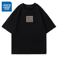 真維斯（Jeanswest）日系220g重磅t恤男短袖純棉寬松大碼三本針半截袖休閑體恤打底衫 黑色(篆體粉中標) 3XL (體重180-205斤)