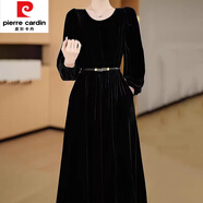 皮爾卡丹（pierre cardin）時(shí)尚韓版高級感金絲絨連衣裙春秋氣質(zhì)遮肉顯瘦減齡中長黑色裙 黑色 XL 建議110-119斤