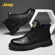 【加絨可選】Jeep（吉普）男鞋靴秋冬新品戶外耐臟皮面時尚馬丁靴潮流百搭中高幫皮靴橡膠軟底工裝靴子 8205黑色 39