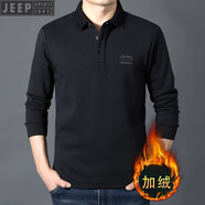 JEEP SPIRIT吉普休閑加絨翻領(lǐng)長(zhǎng)袖t恤寬松秋冬厚款棉質(zhì)混紡商務(wù)男士體恤衫 純色領(lǐng)黑色 加絨 M 170 建議120-130斤
