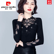 皮爾卡丹輕奢高檔品牌女裝2024秋冬新款網(wǎng)紗加絨打底衫女長(zhǎng)袖百搭上衣鏤空 黑色【春秋】 薄款 4XL【建議130-145斤】