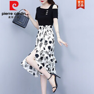 皮爾卡丹（pierre cardin）雪紡連衣裙子女士夏季2025年新款顯瘦遮肉洋氣短袖a字中長裙針織 黑色《女神范氣質(zhì)洋氣時髦今年流 L (100-115斤)