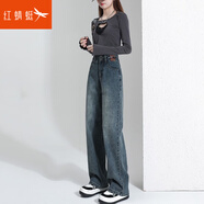 紅蜻蜓垂墜感高腰闊腿褲牛仔褲女士春秋季新款小高個(gè)子直筒褲褲子長(cháng)褲 懷舊藍長(cháng)褲 L