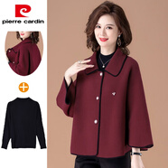 皮爾卡丹（pierre cardin）洋氣毛呢外套中年婦女秋裝高貴風(fēng)衣40歲50春秋短款上衣 酒紅色套裝(外套+內搭) L (建議90-105斤)