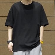 依郎酷男士短袖t恤男寬松純棉上衣服重磅半袖男生純色夏季打底衫體恤 黑色 2XL 【160-180斤】