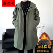 翰衣凡秋冬季風衣男大碼長款過膝大衣韓版潮牌中長款加肥加大派克服男秋冬季風衣男潮流帥氣寬松男外套 軍綠加棉 M(建議90-120斤左右)