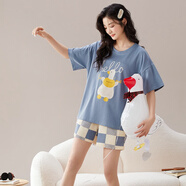 馨愛百年睡衣女夏天短袖韓版休閑簡約加大碼帶胸墊家居服可外穿短褲套裝 QH3283女 L