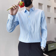 逐夢顏襯衫男士夏季新款外套修身冰絲條紋百搭襯衣長五分袖潮牌痞帥純色 淺藍色T60【春秋長.袖】 2XL