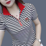 女士t恤短袖夏季2024新款時尚中年polo衫氣質(zhì)淑女潮流洋氣小衫 拉鏈領(lǐng)條紋紅色 L