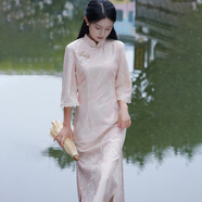 KAHTOP2025春夏新款法式中國風(fēng)旗袍改良仙女蕾絲連衣裙春秋超仙裙子YGW 減齡優(yōu)雅粉紅色 L