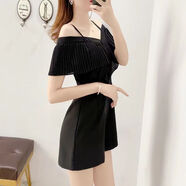 風(fēng)曉薇雪紡吊帶連體褲女夏季高腰2024新款連體衣闊腿短褲工裝連體套裝女 黑色 M