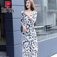 皮爾卡丹（pierre cardin）法式很仙復古印花連衣裙系帶牛奶絲裹身裙碎花朵旅游過膝長裙度假 3093黑白 L