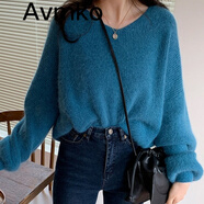 Avmko新款秋冬寬松顯瘦慵懶風(fēng)燈籠袖馬海毛V領(lǐng)毛衣女套頭外穿針織衫 藍(lán)色 M