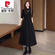 皮爾卡丹（pierre cardin）半高領(lǐng)長(cháng)袖連衣裙女2024冬季新款洋氣顯瘦氣質(zhì)過(guò)膝外穿打底裙子潮 黑色連衣裙 S 【建議80-100斤】