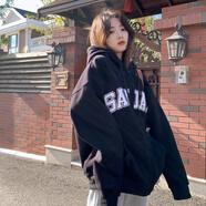索菲堡衛(wèi)衣女春秋款2024新款秋冬加絨印花字母學(xué)院風(fēng)開衫連帽寬松外套潮 黑色(加絨) M