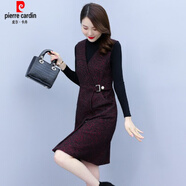 皮爾卡丹（pierre cardin）毛呢V領(lǐng)背心收腰條紋馬甲連衣裙氣質(zhì)打底顯瘦兩裝女秋冬 單件酒紅裙 M 105斤以內(nèi)