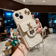 羅璐鷗蘋果13手機殼斜挎掛繩外殼iPhone13鏈條背帶硅膠殼iph13保護套斜跨菱格零錢卡包防摔全包軟殼女款 【白色-菱格小熊卡包款】+斜挎掛繩+全屏鋼化膜 蘋果13