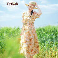 子牧棉麻夏裝 女文藝復(fù)古印花連衣裙 收腰顯瘦氣質(zhì)優(yōu)雅長裙子 1871 0581花色 XL(建議120-130斤)