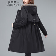 衣典零一 派克服棉服女中長款2021冬季女裝冬裝新款韓版寬松女士連帽棉衣棉襖冬天襖子加絨加厚外套大衣 黑色 XL