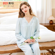 美標商場(chǎng)同款新款長(cháng)袖純棉睡衣套裝女春秋宮廷風(fēng)甜美蕾絲全棉家居服冬 寶貝藍 2XL (175/96A)