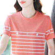 高檔t恤女圓領(lǐng)短袖t恤女夏洋氣休閑上衣中年淑女寬松條紋體恤衫 104粉色 L