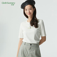 布景T恤女春季純色基礎款字母小印花圓領(lǐng)短袖套頭衫 白色 S