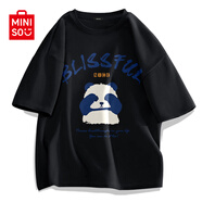 名創(chuàng  )優(yōu)品（MINISO）短袖t恤男夏季鹽系男友風(fēng)bf設計感小眾冰川藍色半袖精梳棉吸汗T恤 【100%純棉】黑色(大熊貓先森) 5XL (體重230-260斤)